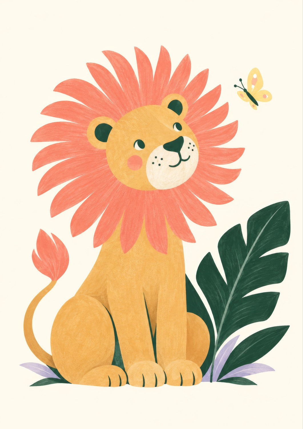 Brave Little Lion children’s illustration in green, coral, lilac and yellow — artwork detail