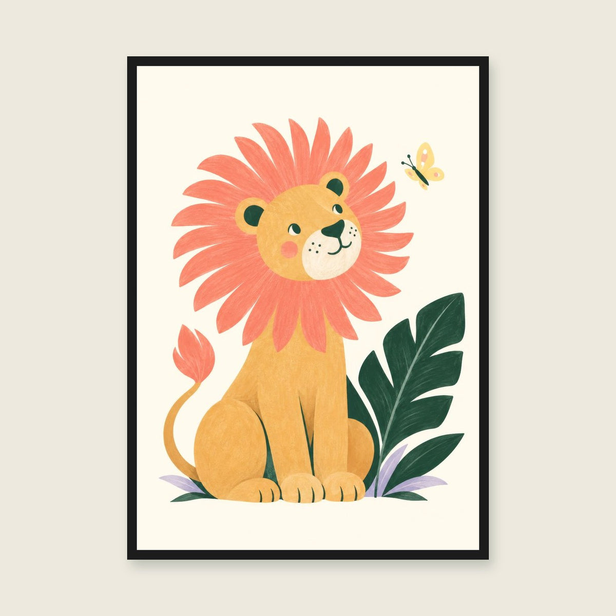 Brave Little Lion children’s illustration in green, coral, lilac and yellow — styled with a black frame; choose the framed finish to include it