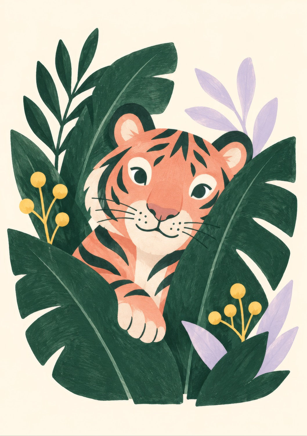 Tiger in the Leaves children’s illustration in green, coral, lilac and yellow — artwork detail