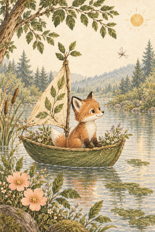 Fox sailing a leaf-sail wooden boat on a lake, with moss green trees, warm sun and soft peach flowers — artwork detail