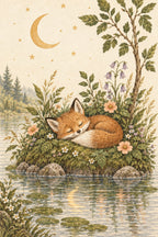 Sleeping fox beneath a golden moon and stars, surrounded by woodland leaves and peach flowers — artwork detail