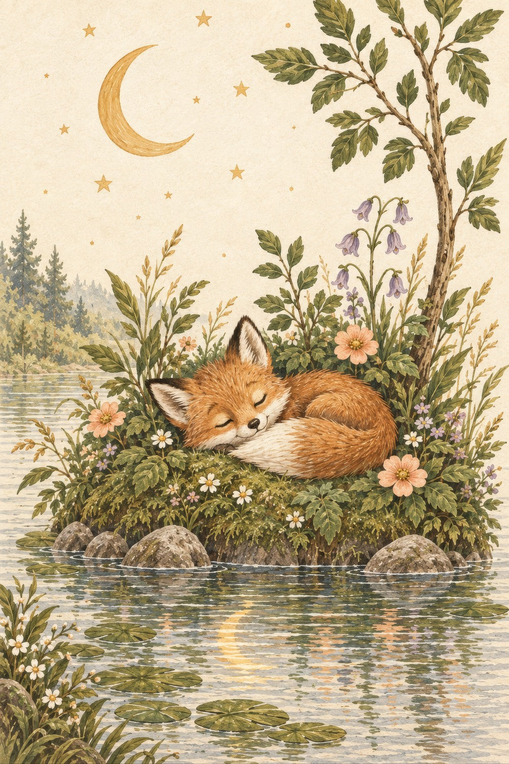 Sleeping fox beneath a golden moon and stars, surrounded by woodland leaves and peach flowers — artwork detail