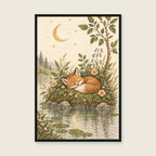 Sleeping fox beneath a golden moon and stars, surrounded by woodland leaves and peach flowers — styled with a black frame; choose the framed finish to include it