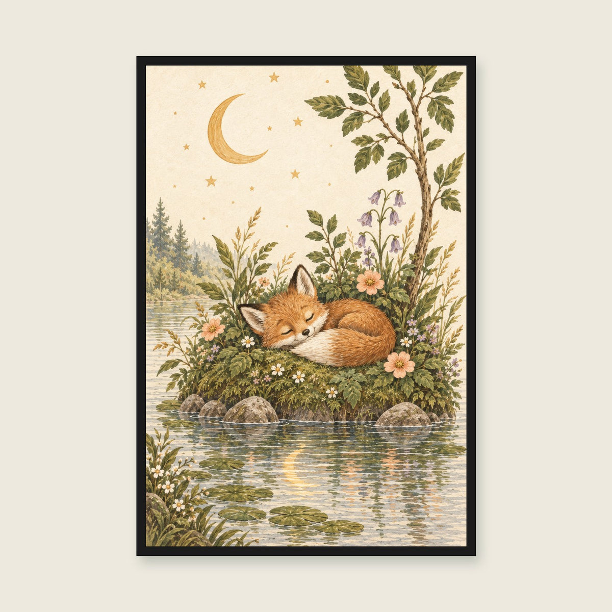 Sleeping fox beneath a golden moon and stars, surrounded by woodland leaves and peach flowers — styled with a black frame; choose the framed finish to include it