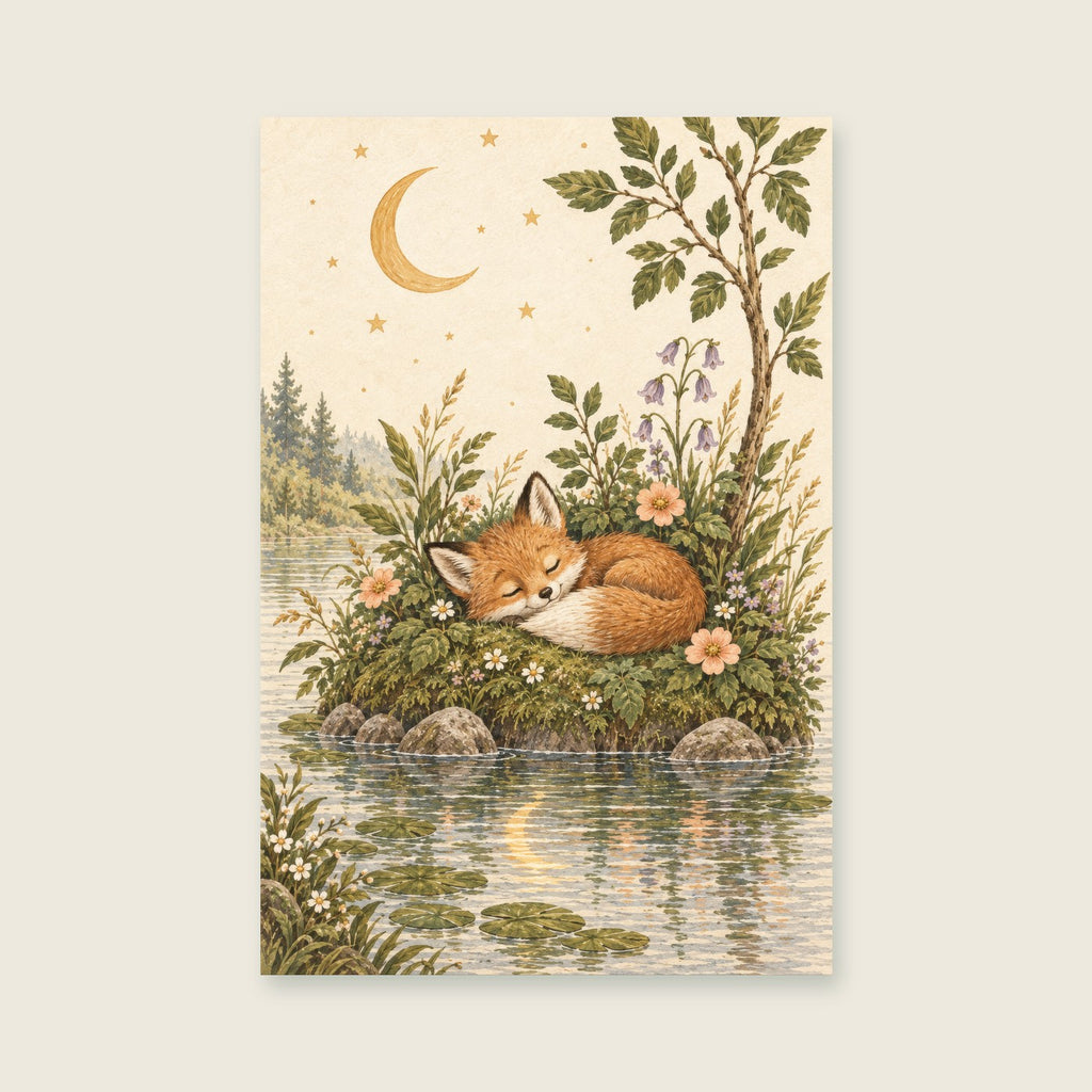Sleeping fox beneath a golden moon and stars, surrounded by woodland leaves and peach flowers