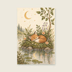 Sleeping fox beneath a golden moon and stars, surrounded by woodland leaves and peach flowers