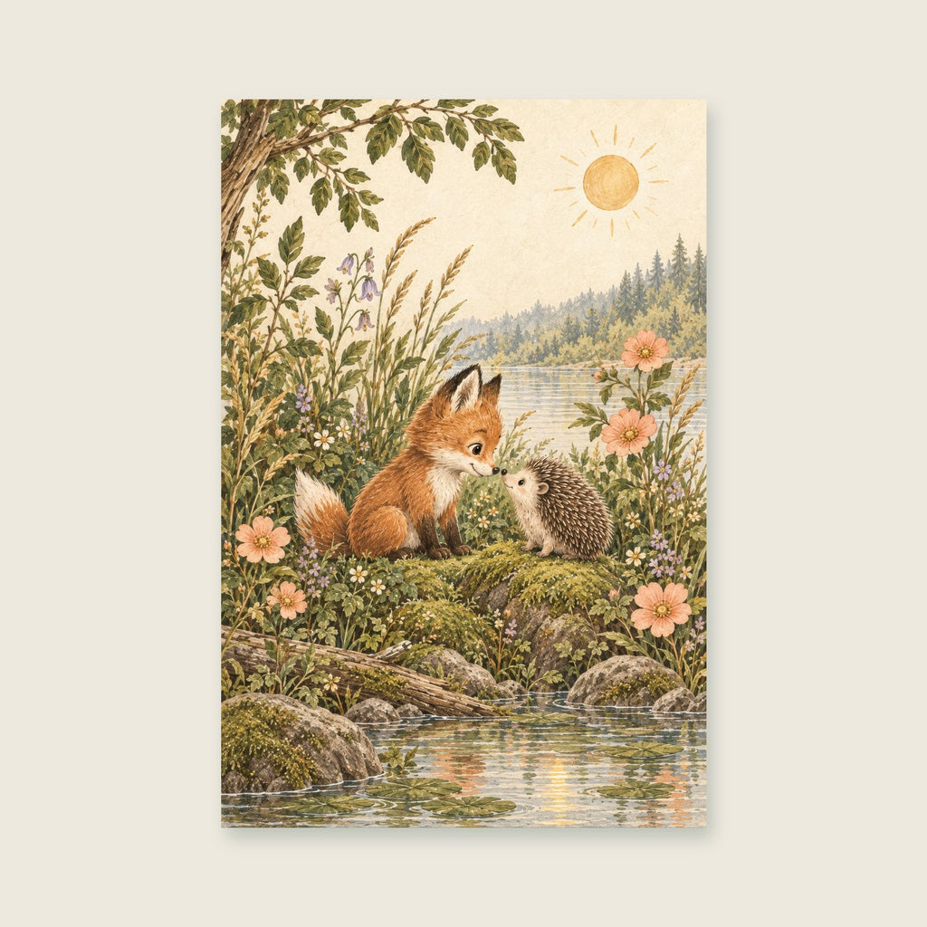Fox and hedgehog meeting by a woodland lake, with moss green leaves and soft peach flowers