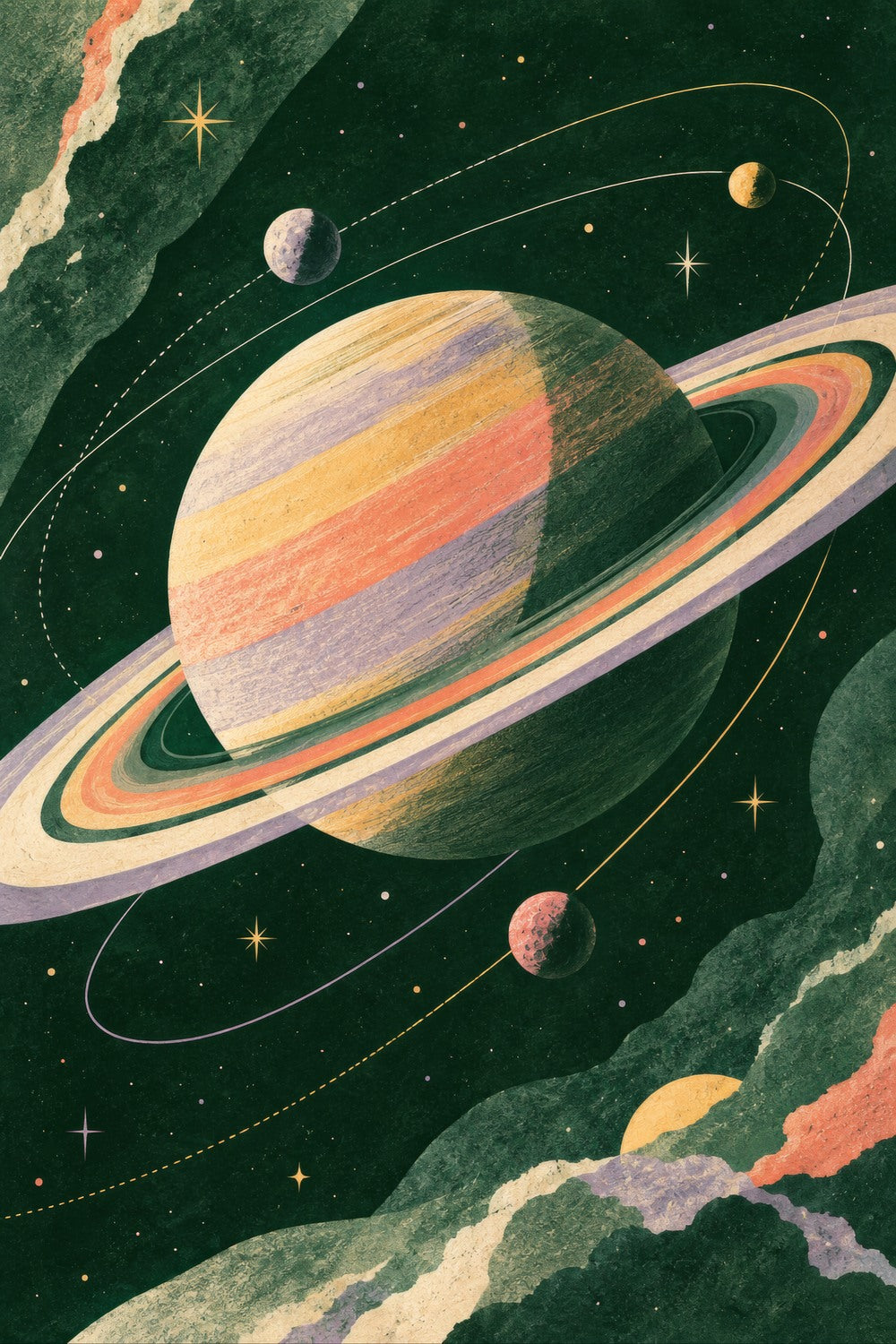 Saturn After Dark children’s illustration in green, coral, lilac and yellow — artwork detail