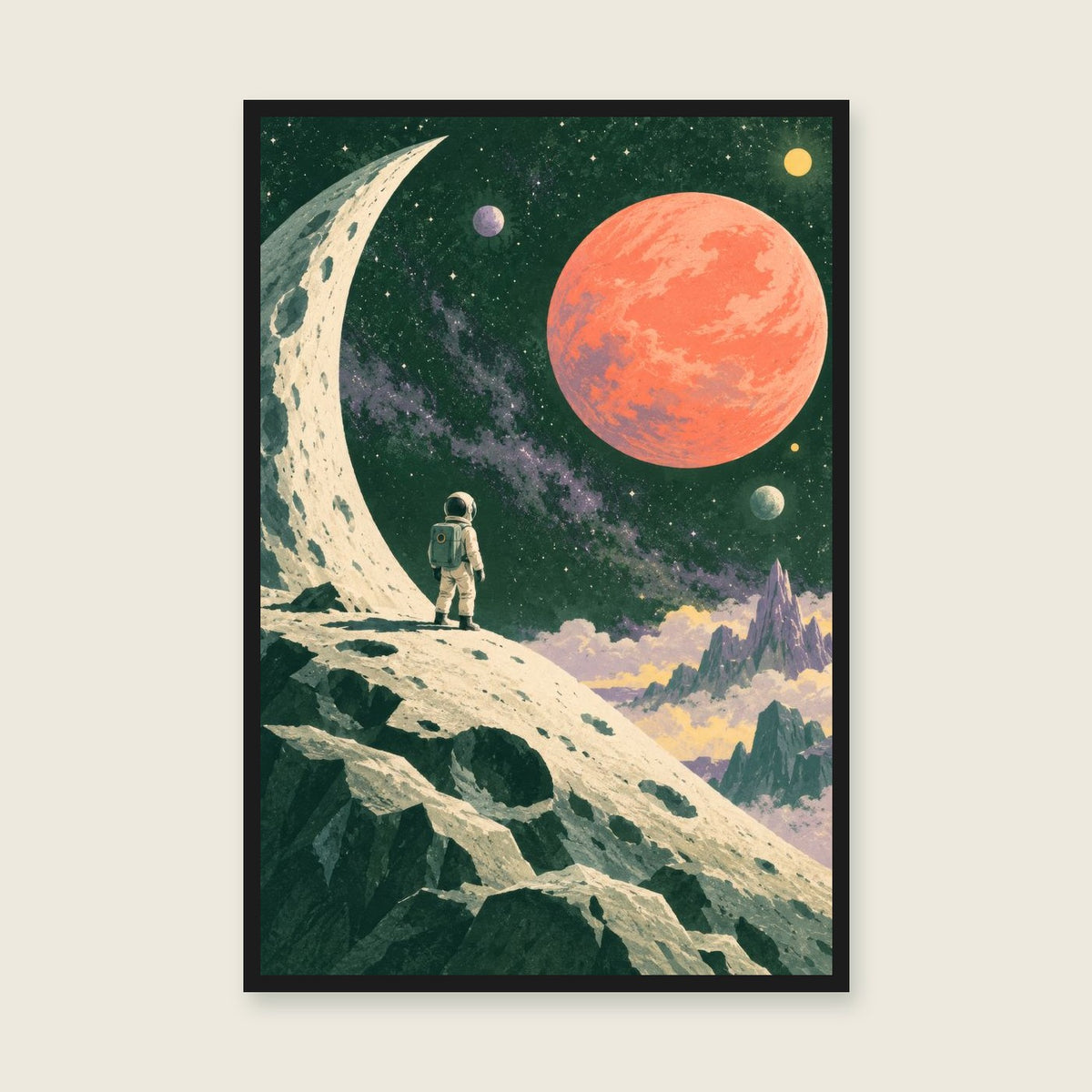 Moonrise Explorer children’s illustration in green, coral, lilac and yellow — styled with a black frame; choose the framed finish to include it