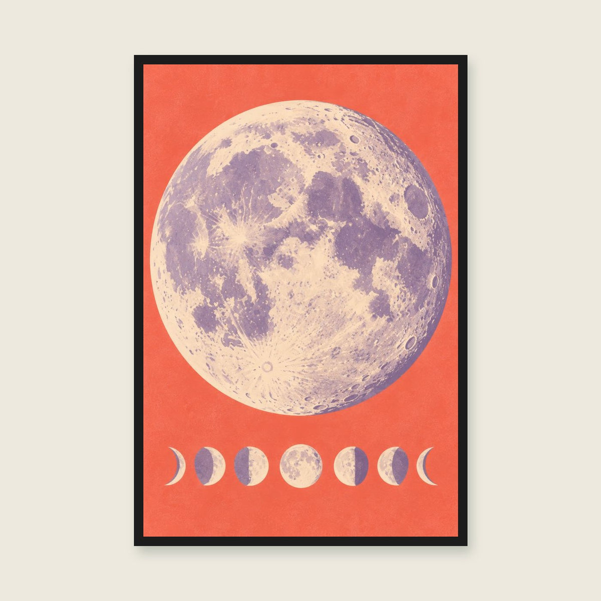 Lunar Rhythm children’s illustration in green, coral, lilac and yellow — styled with a black frame; choose the framed finish to include it