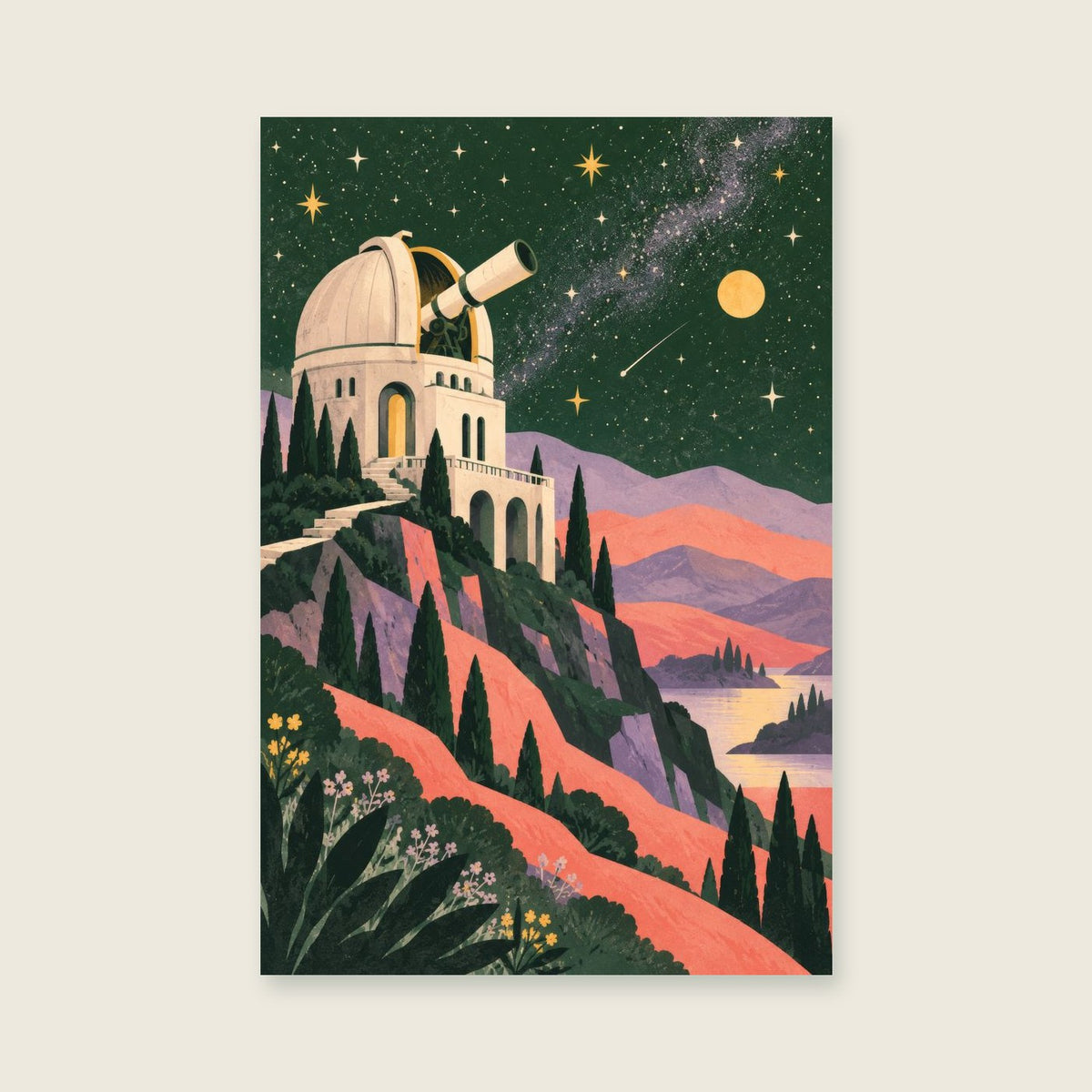 The Observatory children’s illustration in green, coral, lilac and yellow