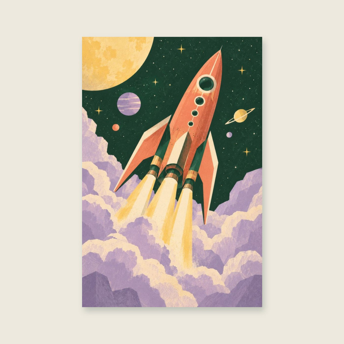 Interstellar Explorer children’s illustration in green, coral, lilac and yellow