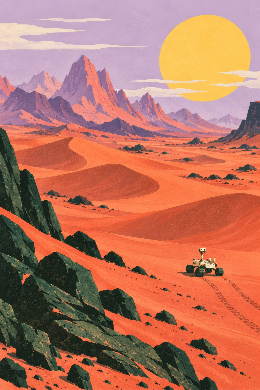 Mars Horizon children’s illustration in green, coral, lilac and yellow — artwork detail