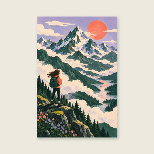 Above the Clouds children’s illustration in green, coral, lilac and yellow