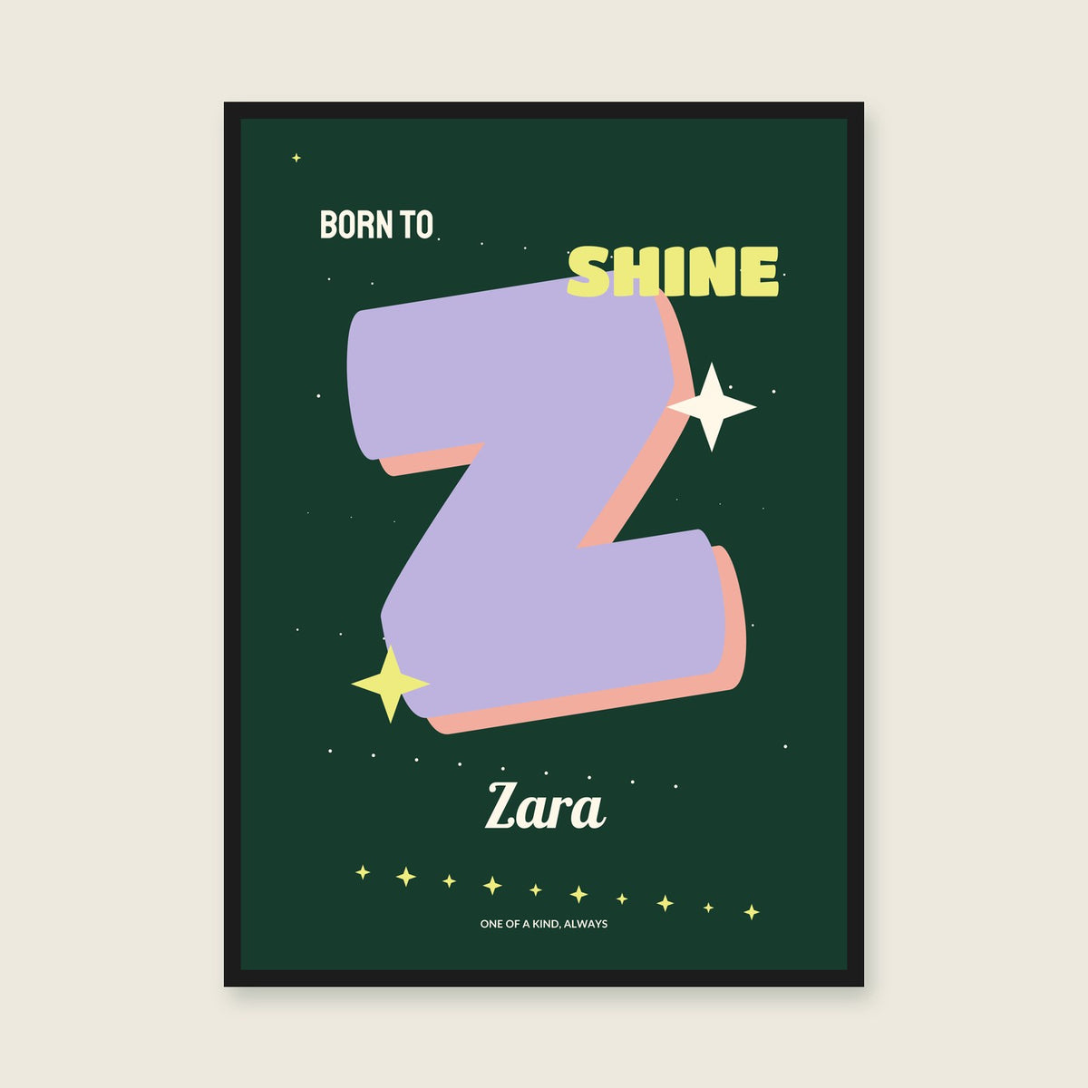 Initial in the Stars personalised print — sample wording; enter your own details — black-frame example
