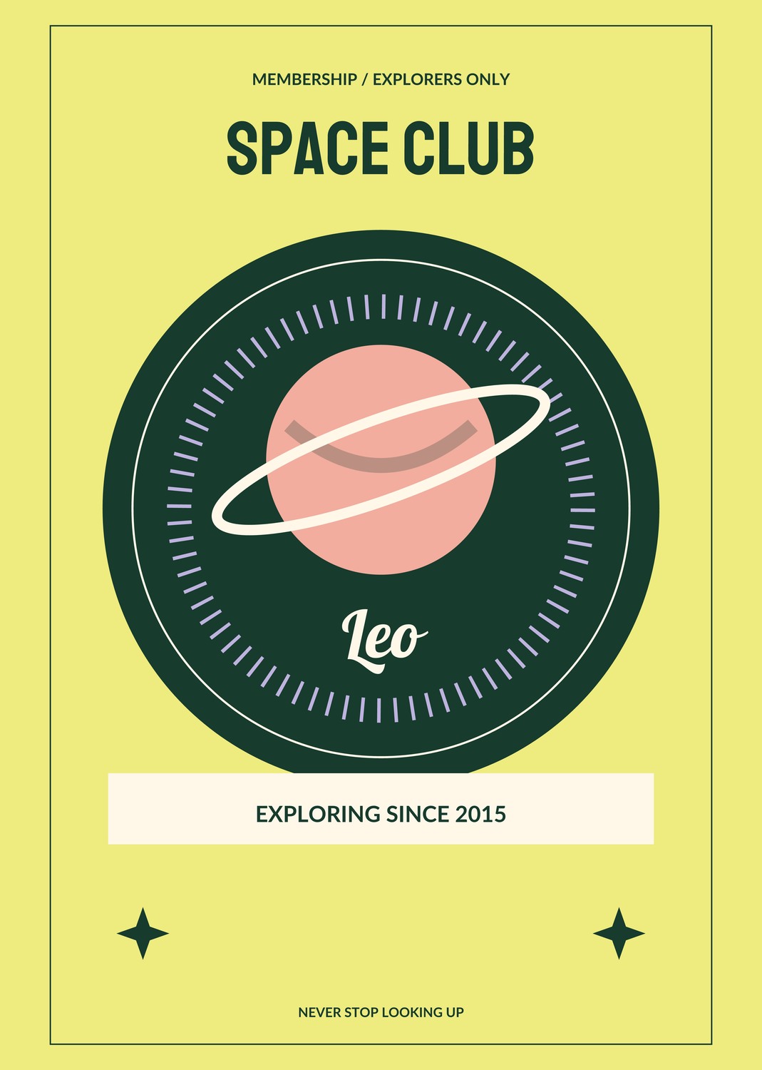 Space Club personalised print — sample wording; enter your own details