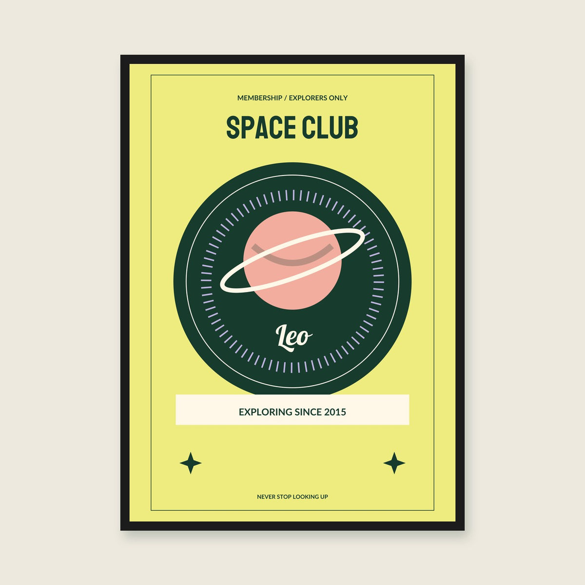 Space Club personalised print — sample wording; enter your own details — black-frame example