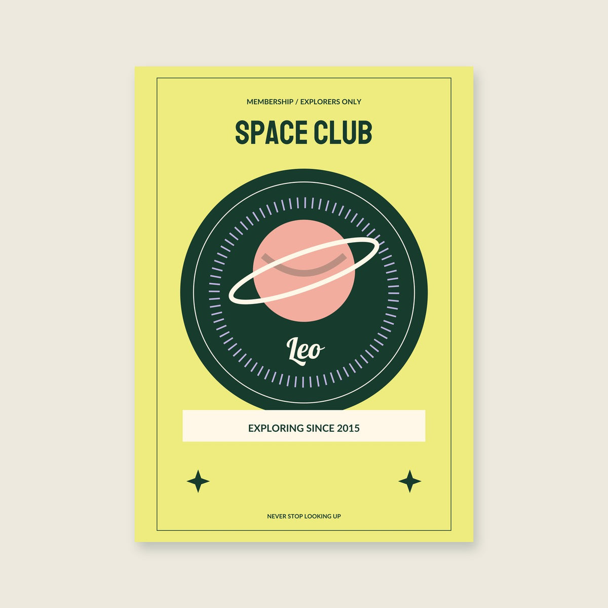 Space Club personalised print — sample wording; enter your own details