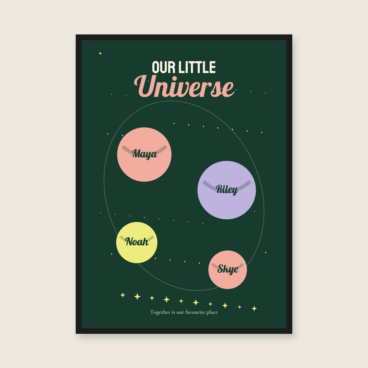 Our Little Universe personalised print — sample wording; enter your own details — black-frame example