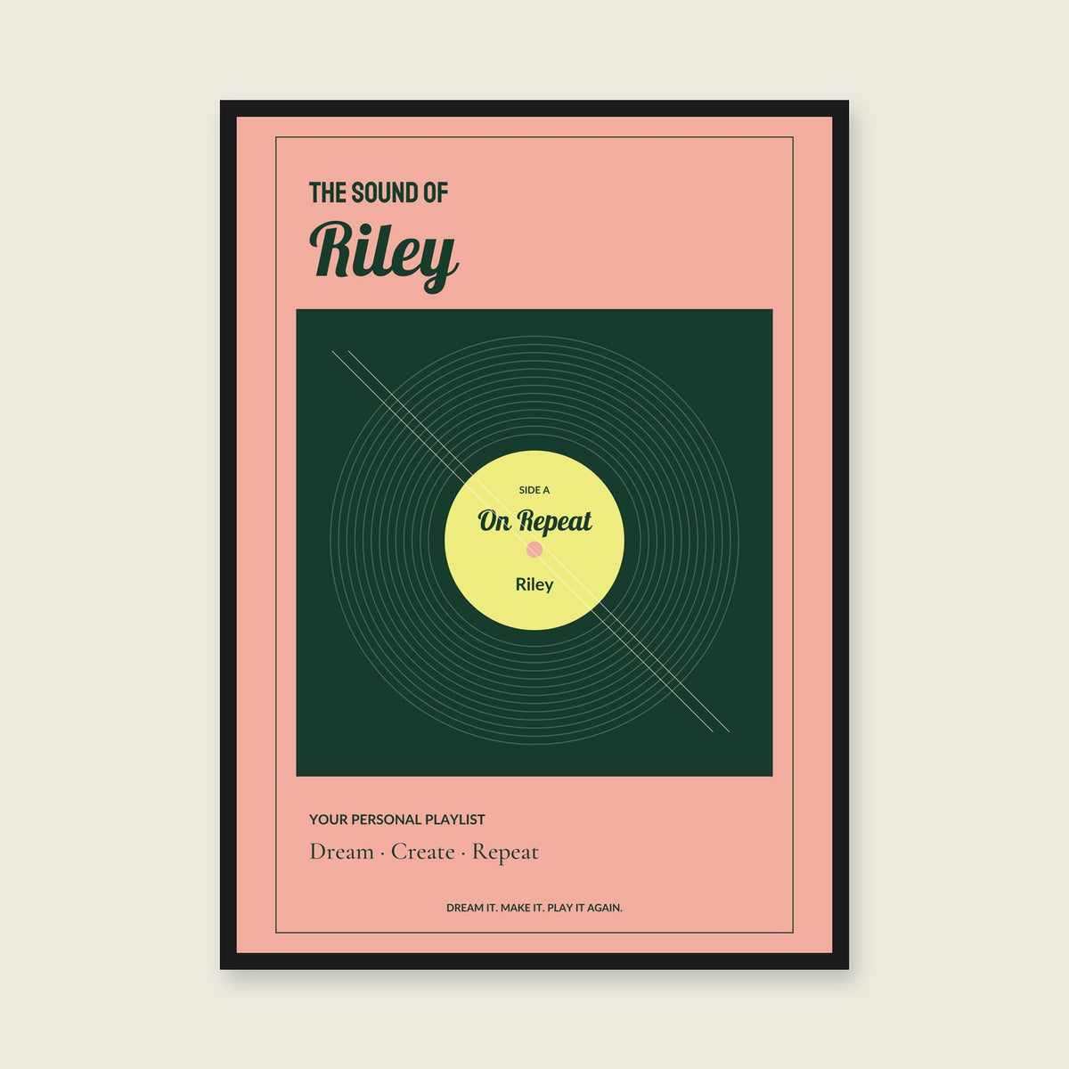 On Repeat personalised print — sample wording; enter your own details — black-frame example