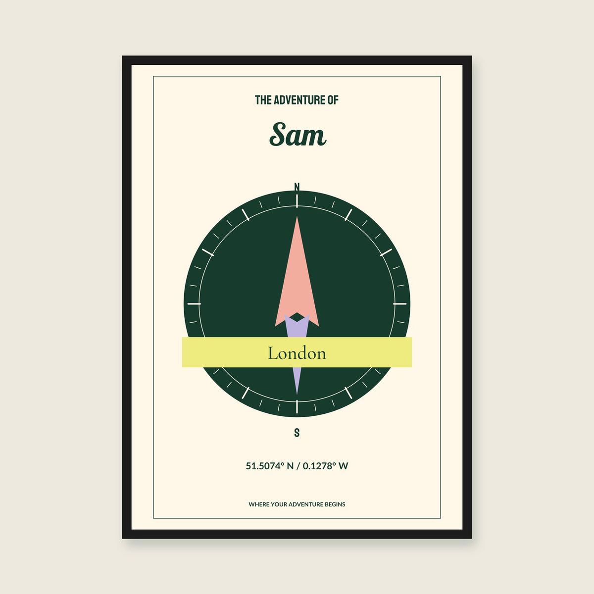 Explorer Coordinates personalised print — sample wording; enter your own details — black-frame example