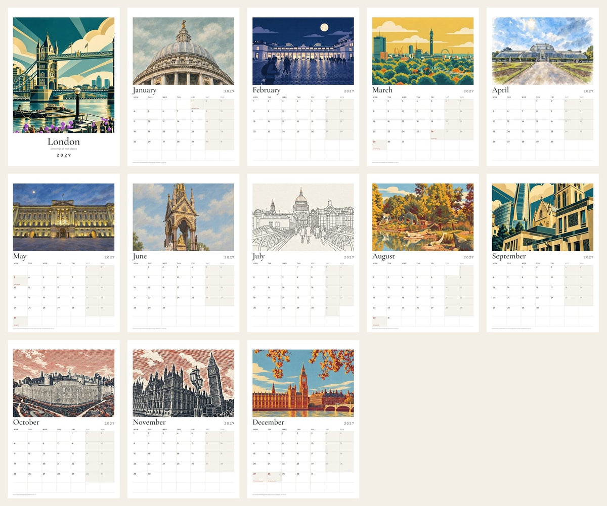All thirteen pages of the London 2027 calendar: the cover and twelve drawings