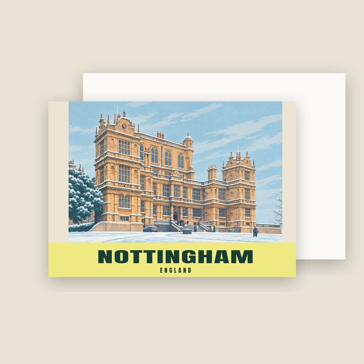Wollaton Hall, Nottingham winter Christmas card with its envelope