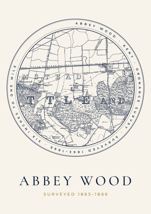 Abbey Wood old Ordnance Survey map print, surveyed 1863–1866, Roundel design