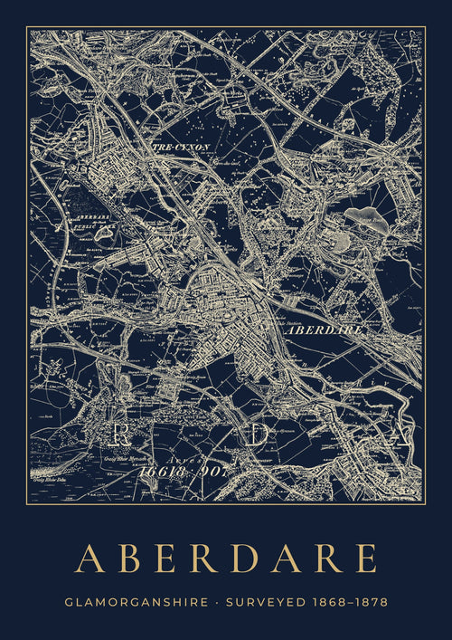 Aberdare old Ordnance Survey map print, surveyed 1868–1878, Night Ink design