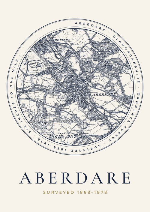 Aberdare old Ordnance Survey map print, surveyed 1868–1878, Roundel design