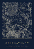 Abergavenny old Ordnance Survey map print, surveyed 1880, Night Ink design