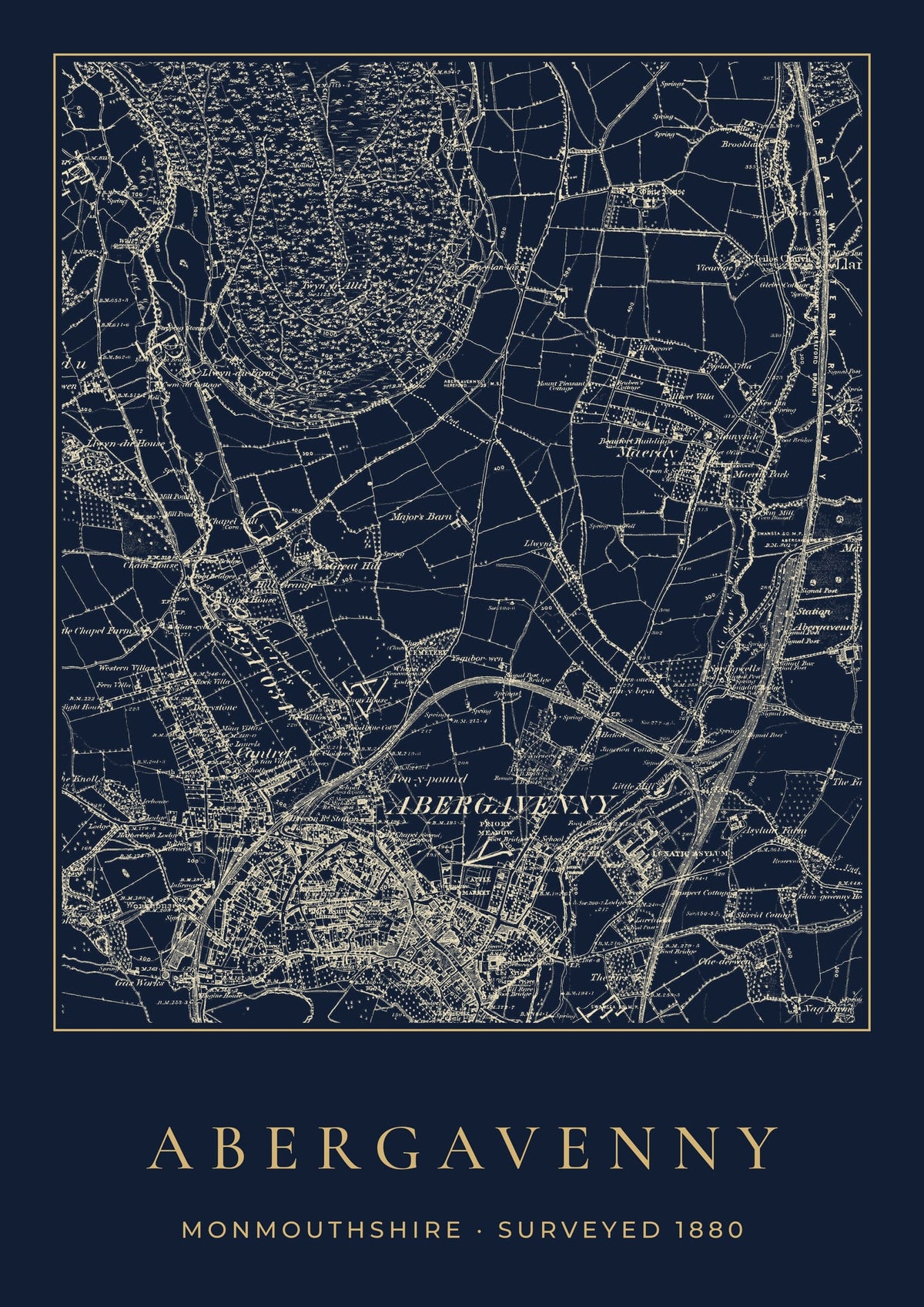 Abergavenny old Ordnance Survey map print, surveyed 1880, Night Ink design