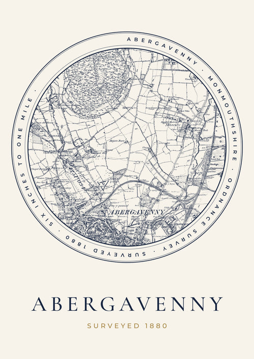 Abergavenny old Ordnance Survey map print, surveyed 1880, Roundel design