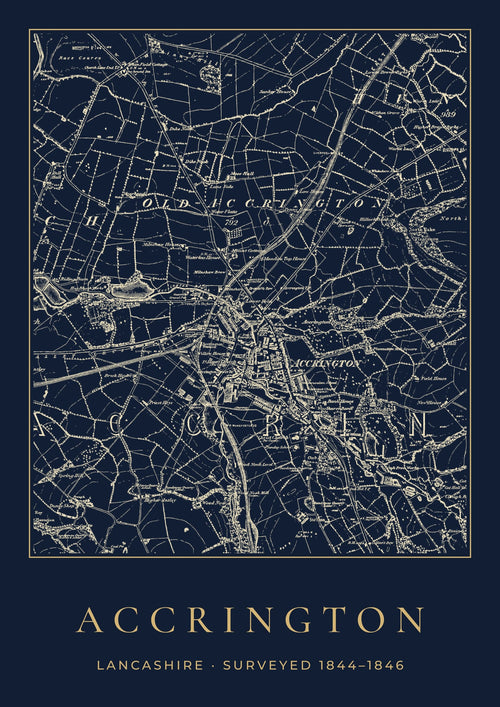 Accrington old Ordnance Survey map print, surveyed 1844–1846, Night Ink design