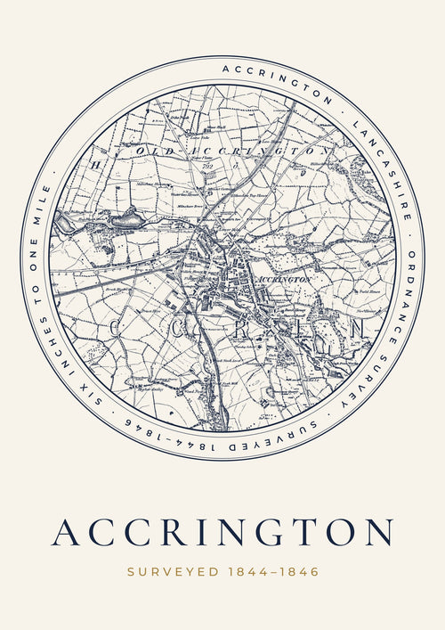 Accrington old Ordnance Survey map print, surveyed 1844–1846, Roundel design