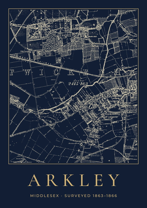 Arkley old Ordnance Survey map print, surveyed 1863–1866, Night Ink design