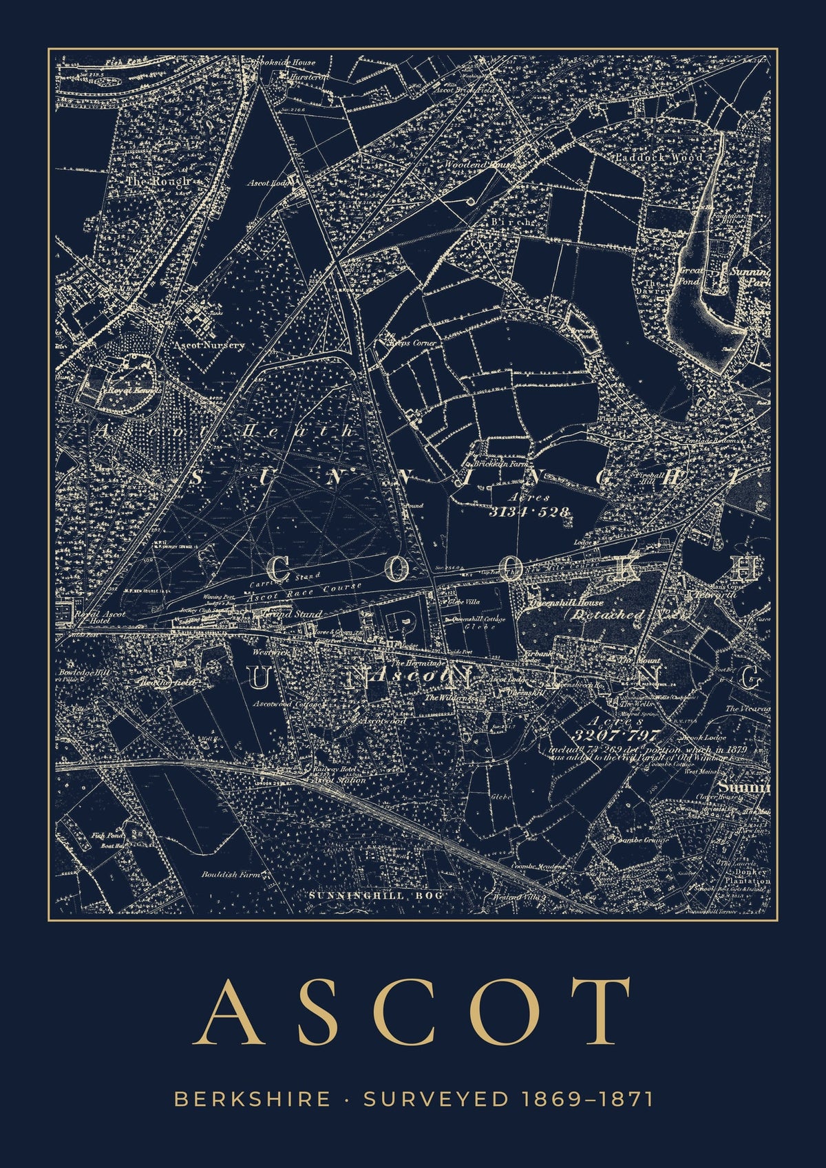Ascot old Ordnance Survey map print, surveyed 1869–1871, Night Ink design
