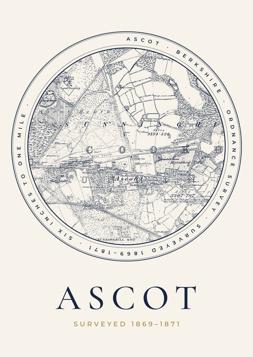 Ascot old Ordnance Survey map print, surveyed 1869–1871, Roundel design