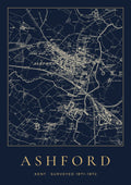 Ashford old Ordnance Survey map print, surveyed 1871–1872, Night Ink design