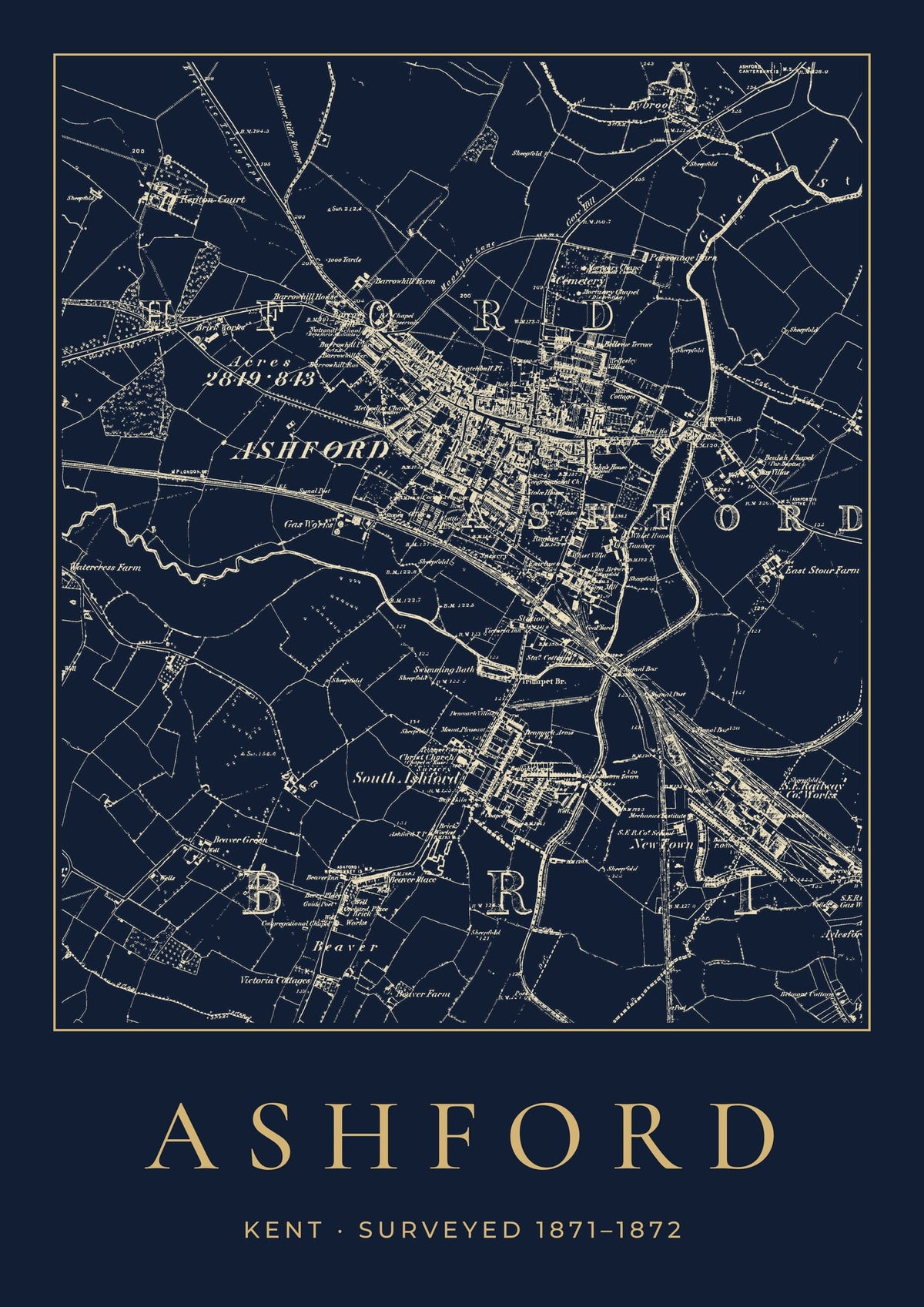 Ashford old Ordnance Survey map print, surveyed 1871–1872, Night Ink design