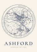 Ashford old Ordnance Survey map print, surveyed 1871–1872, Roundel design