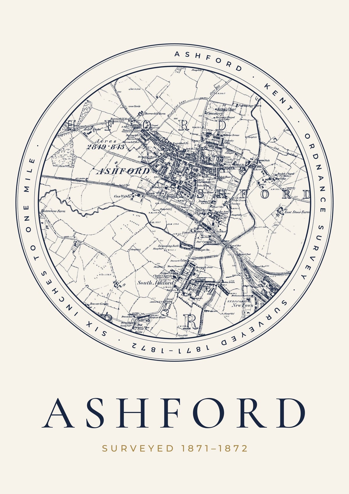 Ashford old Ordnance Survey map print, surveyed 1871–1872, Roundel design