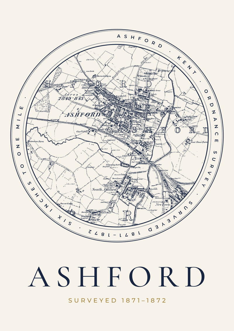 Ashford in 1872 Old Map Print — Roundel