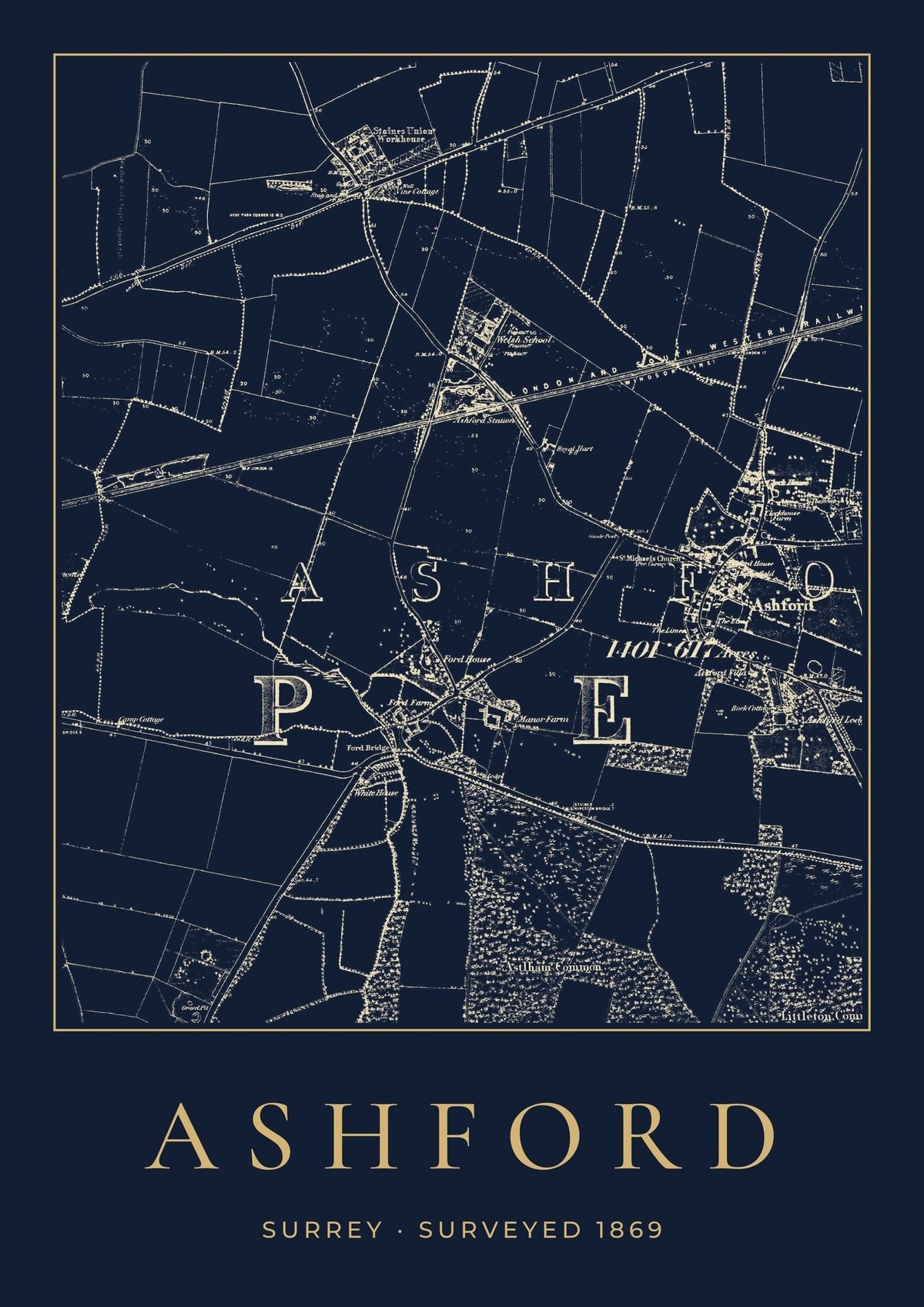 Ashford old Ordnance Survey map print, surveyed 1869, Night Ink design