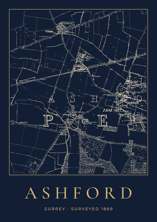 Ashford old Ordnance Survey map print, surveyed 1869, Night Ink design