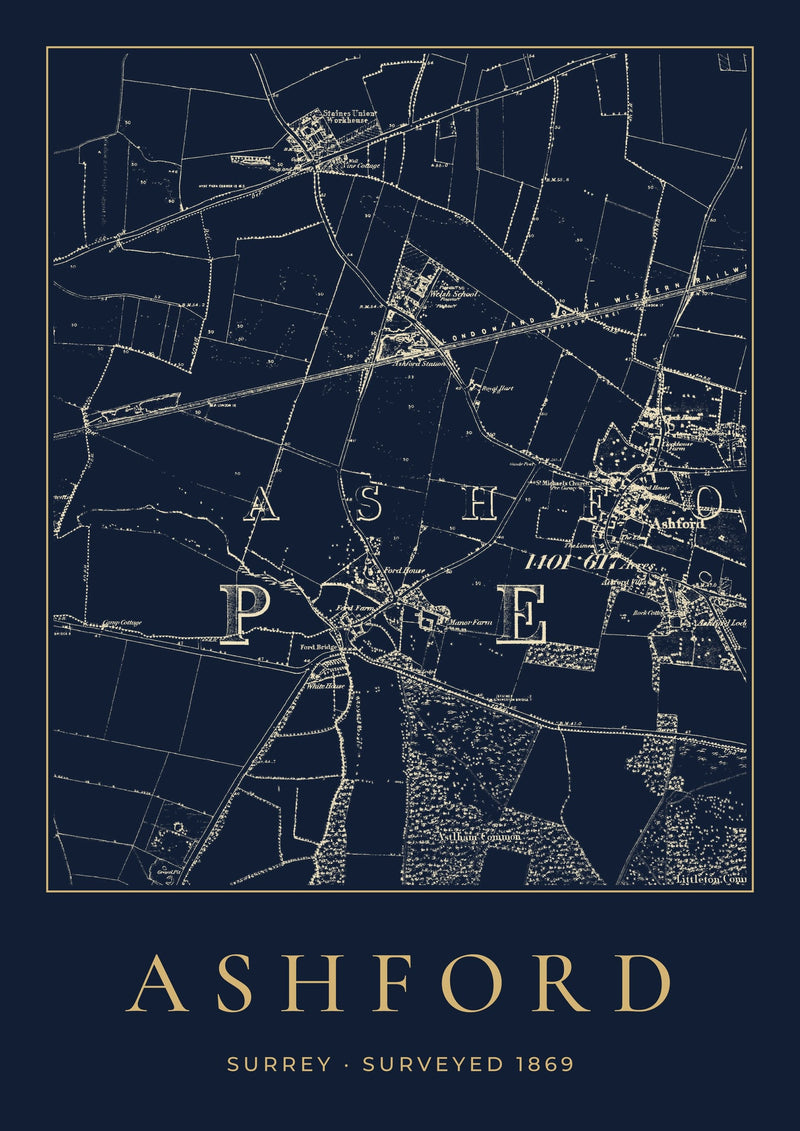 Ashford in 1869 Old Map Print — Night Ink