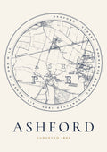 Ashford old Ordnance Survey map print, surveyed 1869, Roundel design