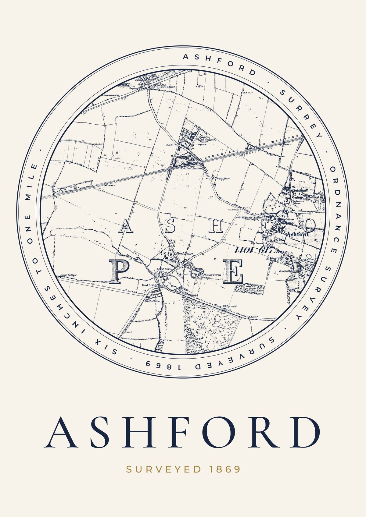 Ashford old Ordnance Survey map print, surveyed 1869, Roundel design