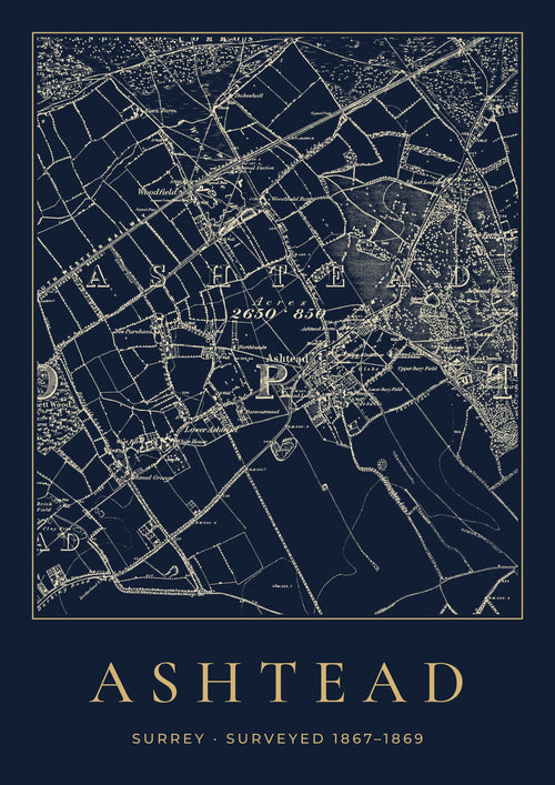 Ashtead old Ordnance Survey map print, surveyed 1867–1869, Night Ink design