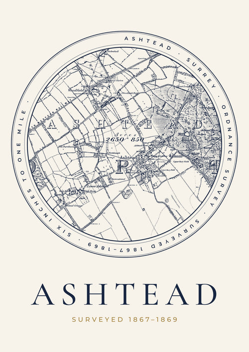 Ashtead old Ordnance Survey map print, surveyed 1867–1869, Roundel design